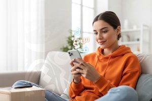 A woman sitting in her living room, focused on her smartphone, engaged in learning Arabic alphabet pronunciation.
